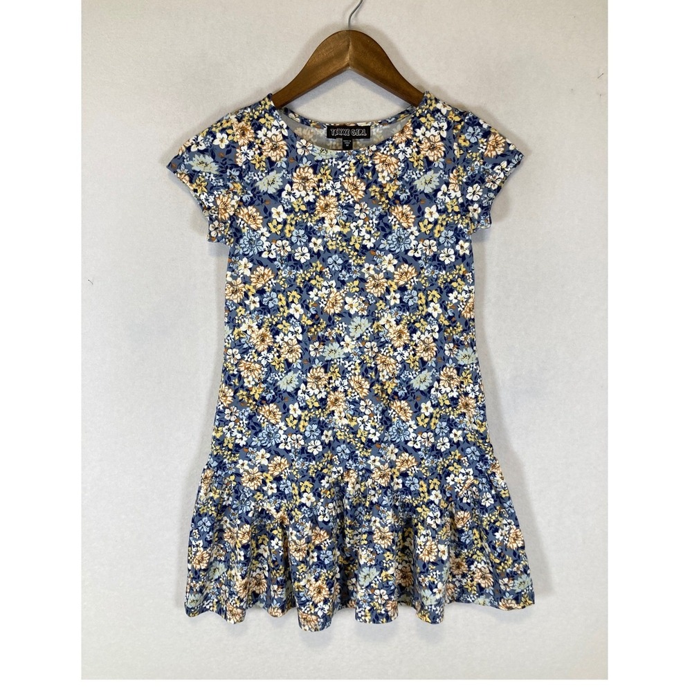 Cottagecore Trixxi Girls Medium Blue Floral Ruffle Drop‎ Waist Mini Dress